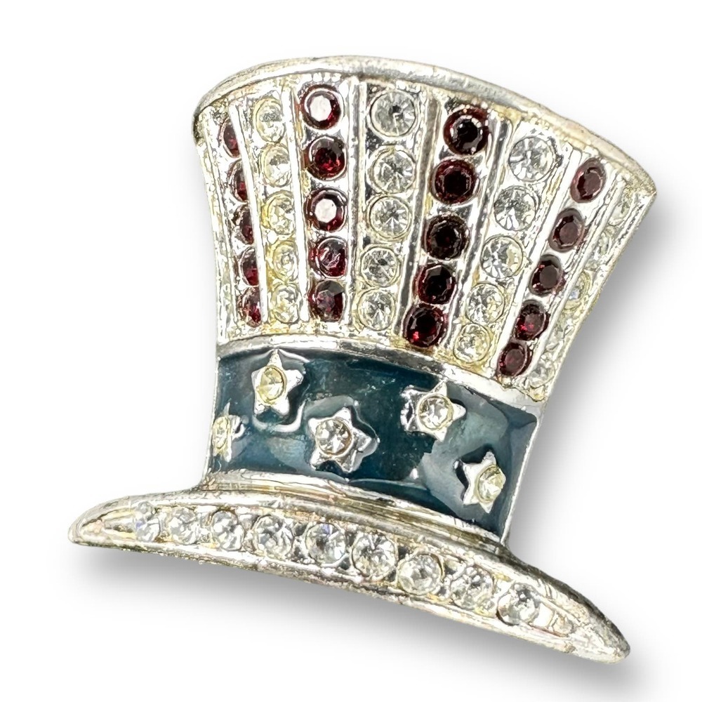 MONET Patriotic Hat Brooch Rhinestones Red Clear Blue Enamel Silver Plated